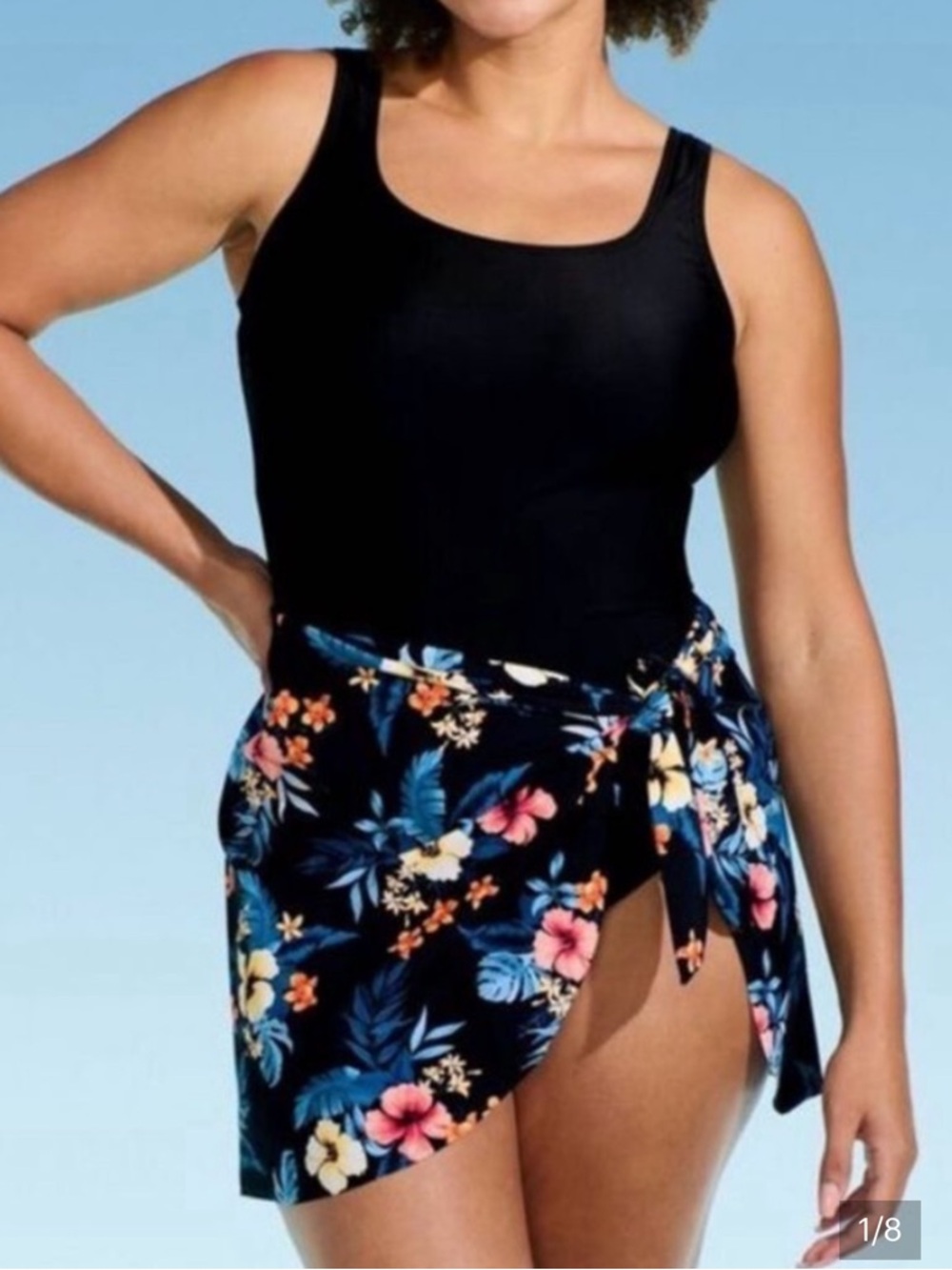 Lands' End Black One-Piece Swimsuit with Floral Sarong, Size S, NWT